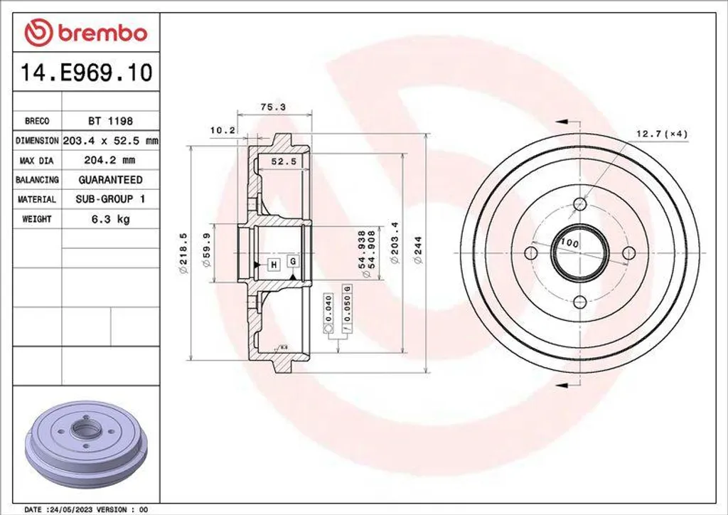 Tambour de frein Brembo 14.E969.10 pour Micra - Réf OE 432061HA0A