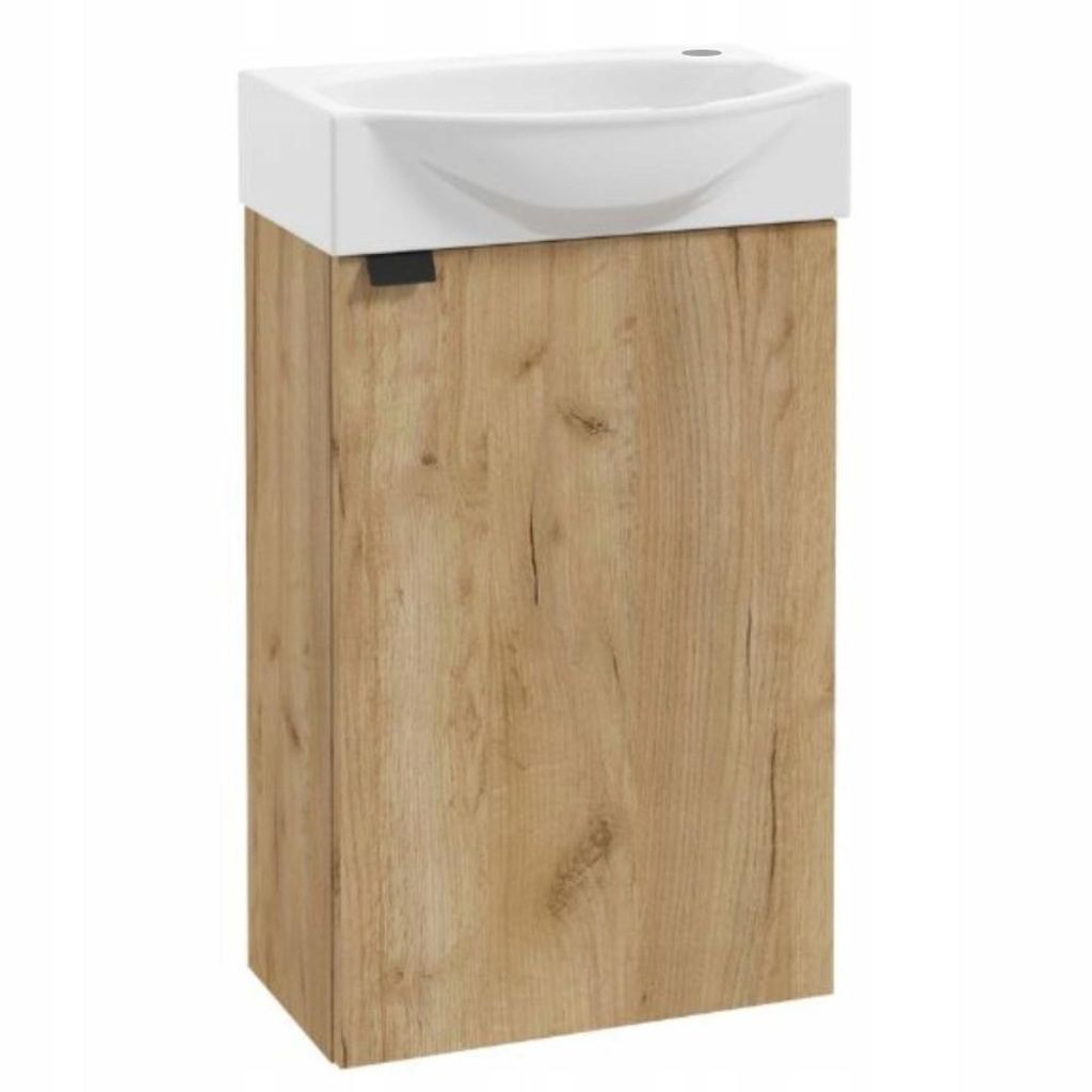 Stamar | Wandwaschtischset, mit Waschbecken, 40 cm, Matt Goldene Eiche, schwarz Armatur