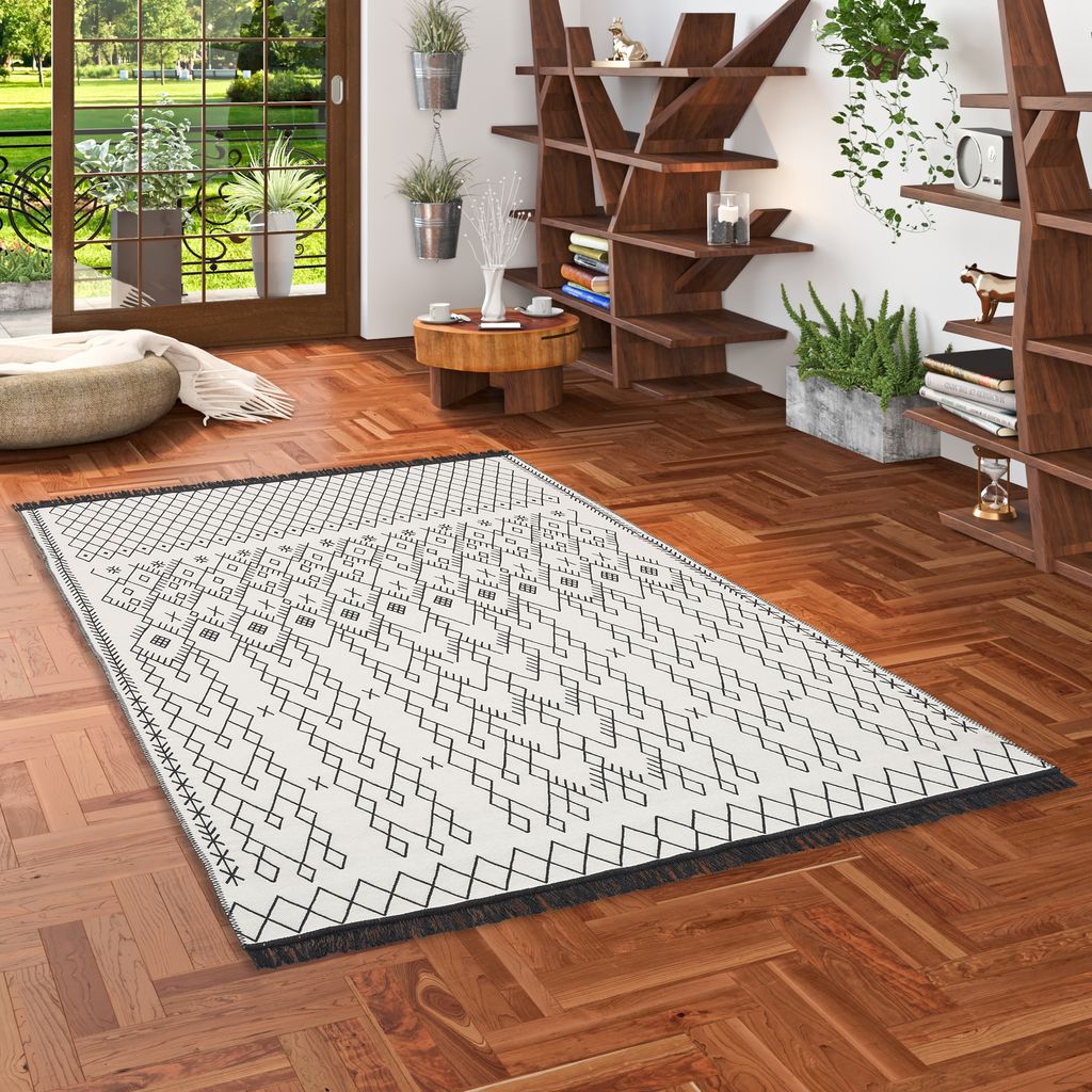 Designer Teppich Beidseitig Ethno Kelim Schwarz Weiss, Größe:200x290 cm