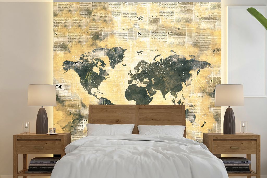 MuchoWow Fototapete für Wohnzimmer oder Schlafzimmer Wandtapete Vinyl Motivtapete Weltkarte - Aquarelle - Zeitungen - 240x240 cm - Schlafzimmer-...