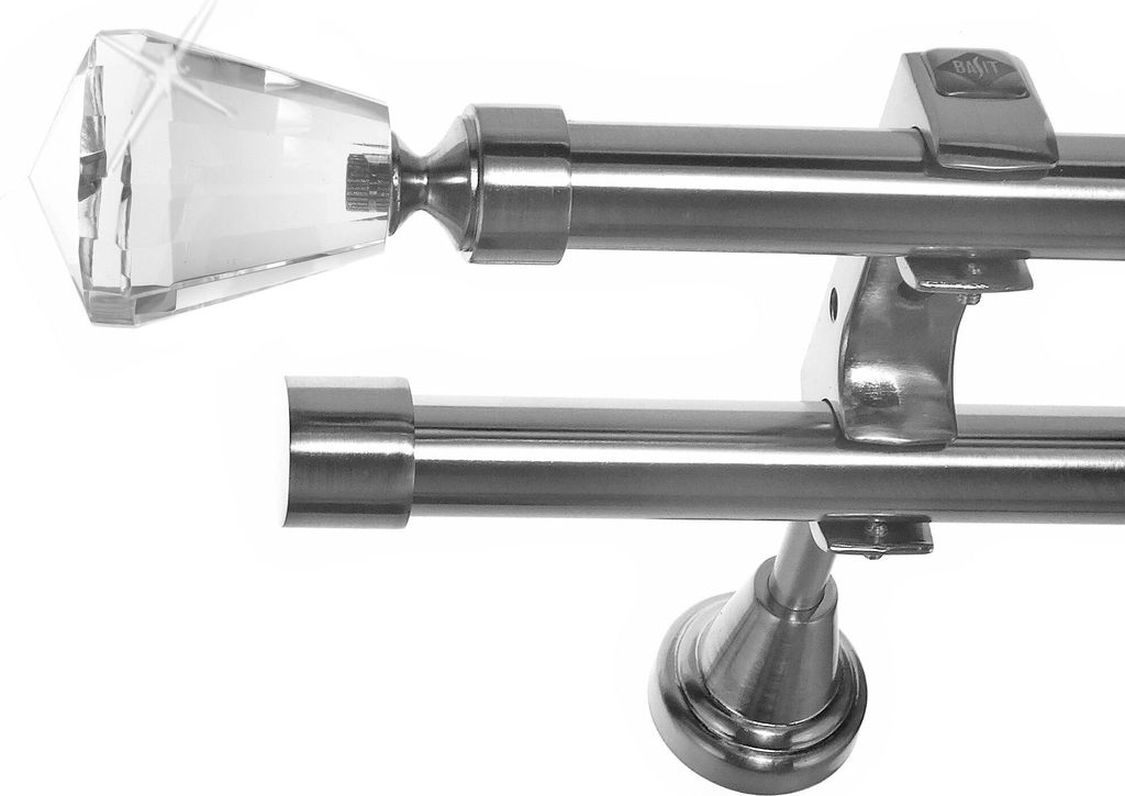 Edelstahl Look Gardinenstange Ø 20mm Wandträger 2-läufig zweiläufig Wandbefestigung Kristall Knauf H60 E36E30 RR