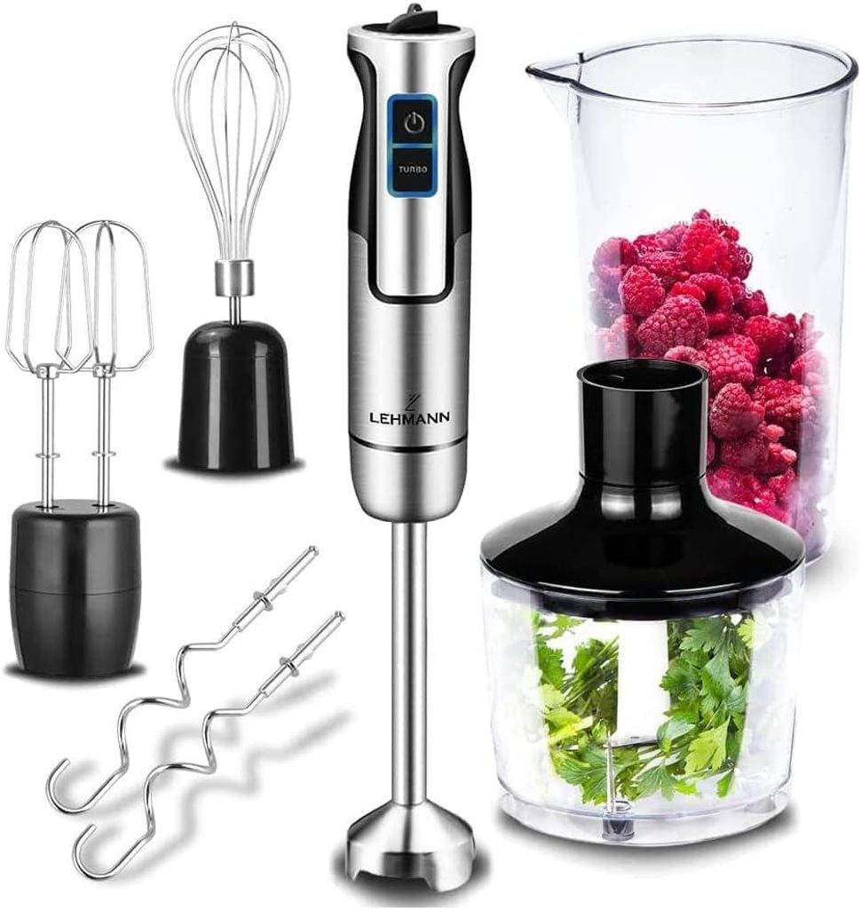 6-in-1 Stabmixer Set 1200W mit Zerkleinerer, 860ml Messbecher, 2 Schneebesen, Knethaken, Turbo-Funktion und 8 Stufen