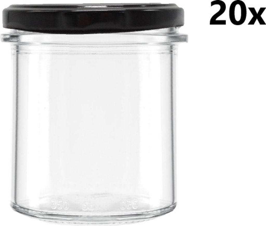 A clear glass jar with a black lid, presented on a white background.