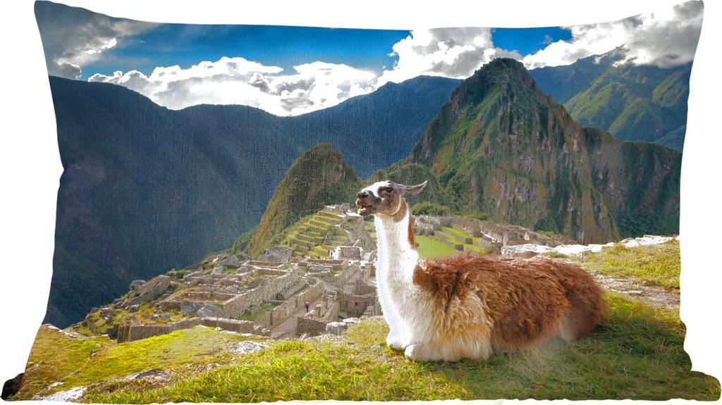 MuchoWow Zierkissen Sofakissen Wohnzimmer Dekokissen 50x30 cm Alpaka - Machu Picchu - Felsen - Wohnzimmerdekoration - Polster mit Photo