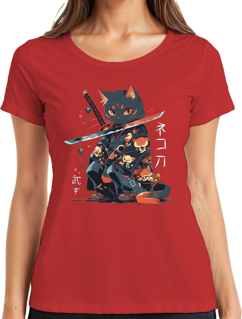 Samurai Katze Katana Kimono Kawaii Neko Japanisch Retro Manga Damen T-Shirt, Rot, 3XL