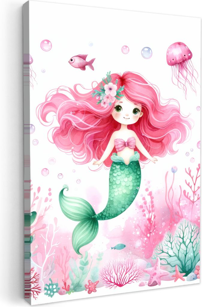 Leinwand Bilder 60x90 cm - Kinder Mädchen - Meerjungfrau - Rosa, Bilder Wohnzimmer Modern, Wanddeko