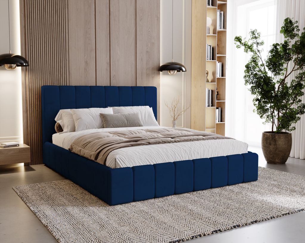 BESILIO Polsterbett 120x200 Lexy - Metallrahmen, Bettkasten, slim Bett - Marineblau