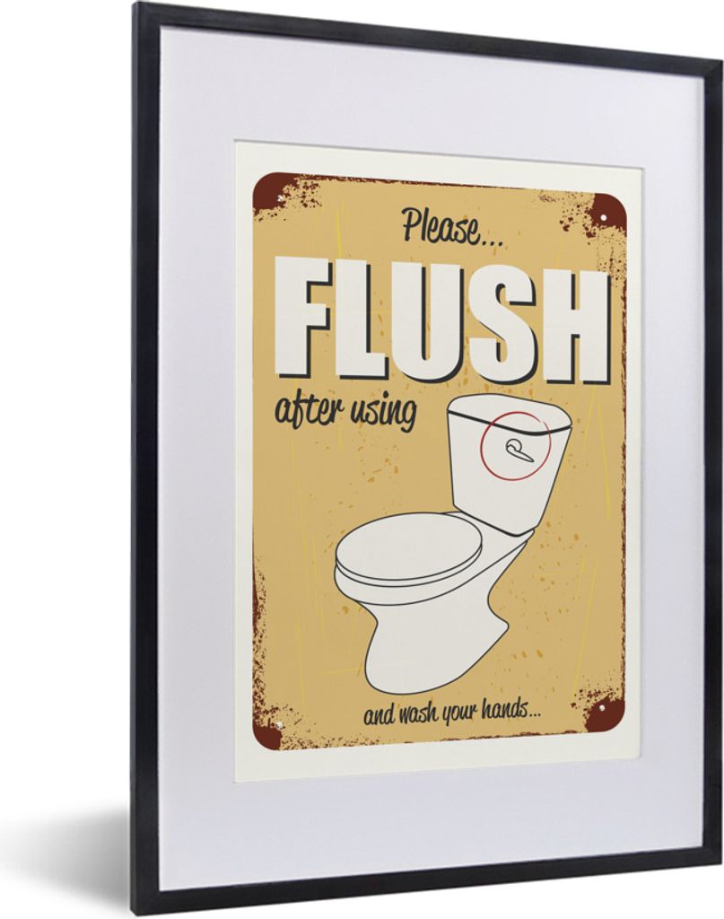 MuchoWow MuchoWow Gerahmtes Poster Ein Poster mit einer Toilette und dem Text Flush 30x40 cm - Poster mit zchwarzem Bilderrahmen - Wandposter S...