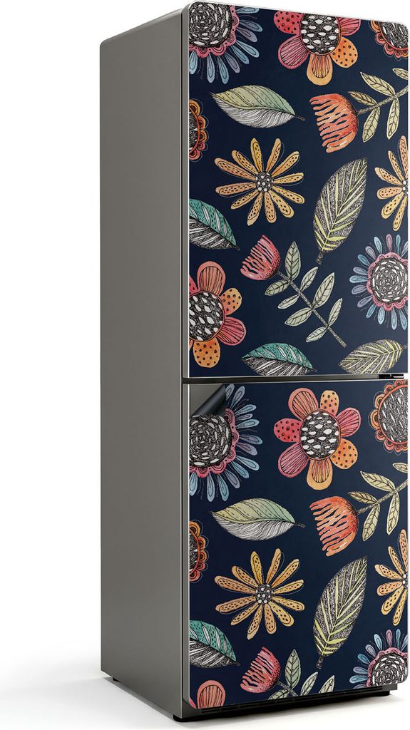 Blumenmuster mit Blättern – Magnetische Kühlschrank Abdeckung – Dekorfolie magnetisch Küche – Kühlschrank Magnet Deko – selbstklebende ...