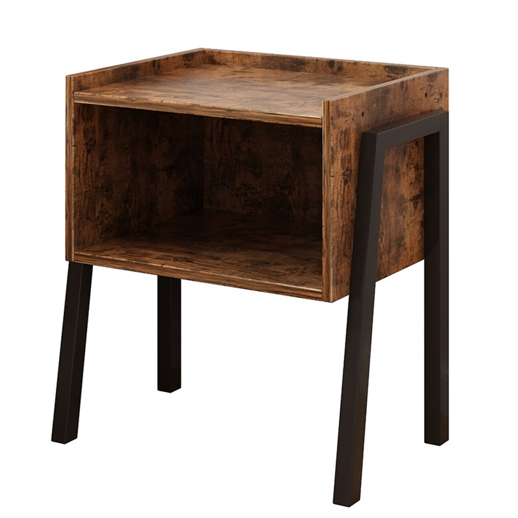 A rustic-style nightstand with a wooden finish and black metal legs, presented against a white background.