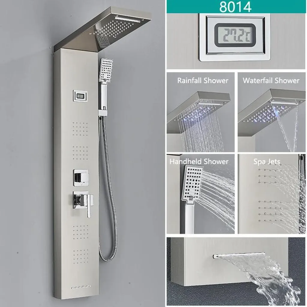 Colonne douche complète LED 8014 avec bec baignoire et jets massage - Inox