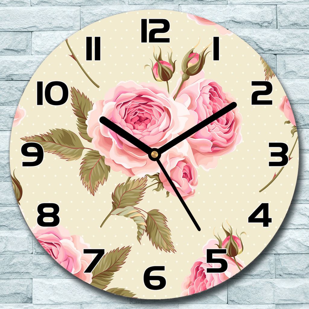 Wanduhr aus Glas Rund fi 30 Englische Rosen grün Quarz Deko Schlafzimmer Büro