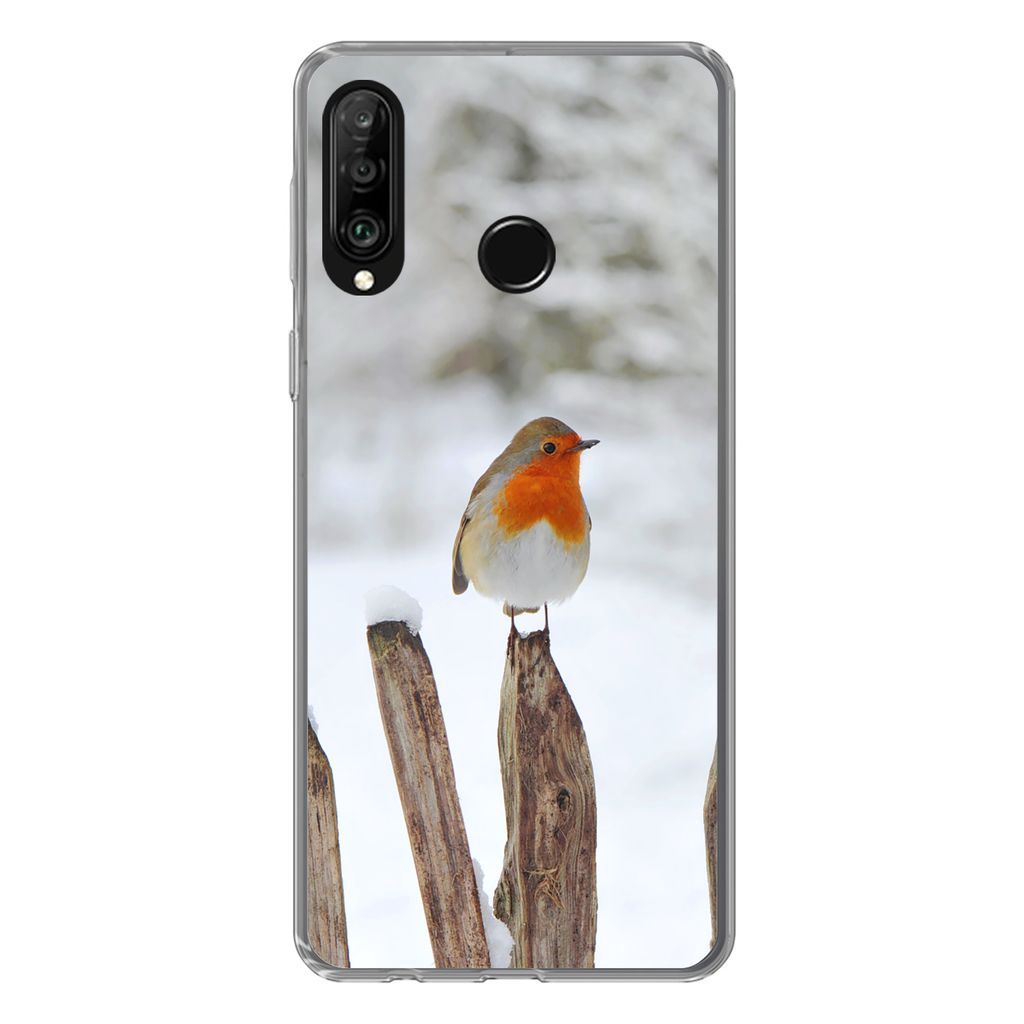 MuchoWow Handyhülle Schutzhülle Hülle für Huawei P30 Lite Vogel - Zaun - Schnee Silikon Softcase Handy Hülle - Handyhülle
