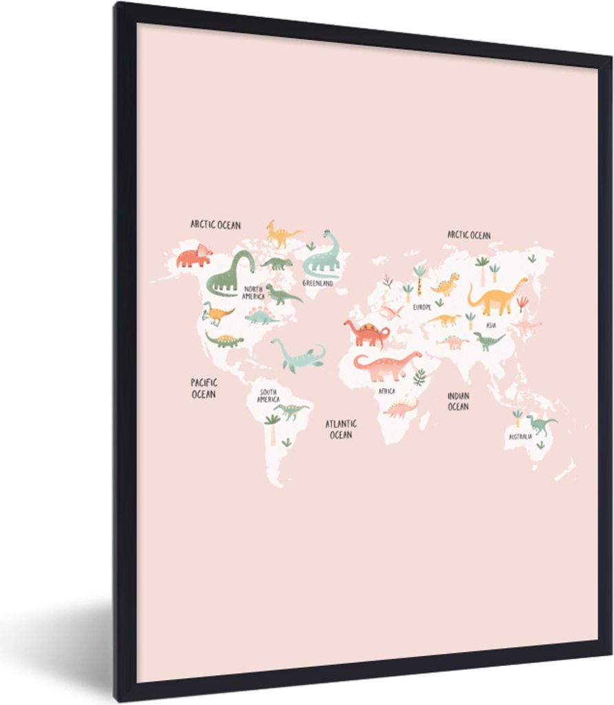 MuchoWow Gerahmtes Poster Karte - Kinder - Dino 60x80 cm - Poster mit Schwarzem Bilderrahmen Wandposter Rahmen Foto Bilder - Premium - Wanddeko W...