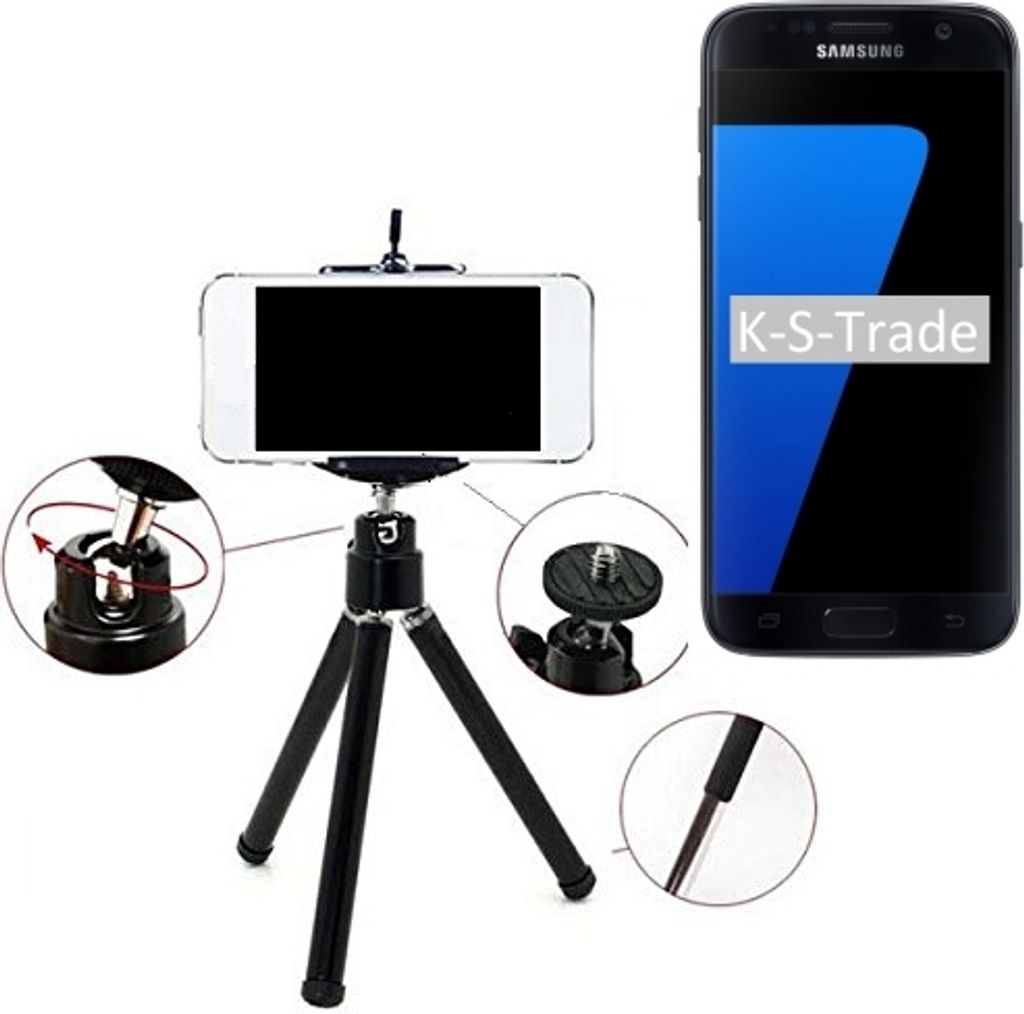 K-S-Trade Smartphone Stativ Dreibein kompatibel mit Samsung Galaxy S7 Tripod aus Aluminium Klemmstativ Stativ Adapter für Mobiltelefone schwarz 1x