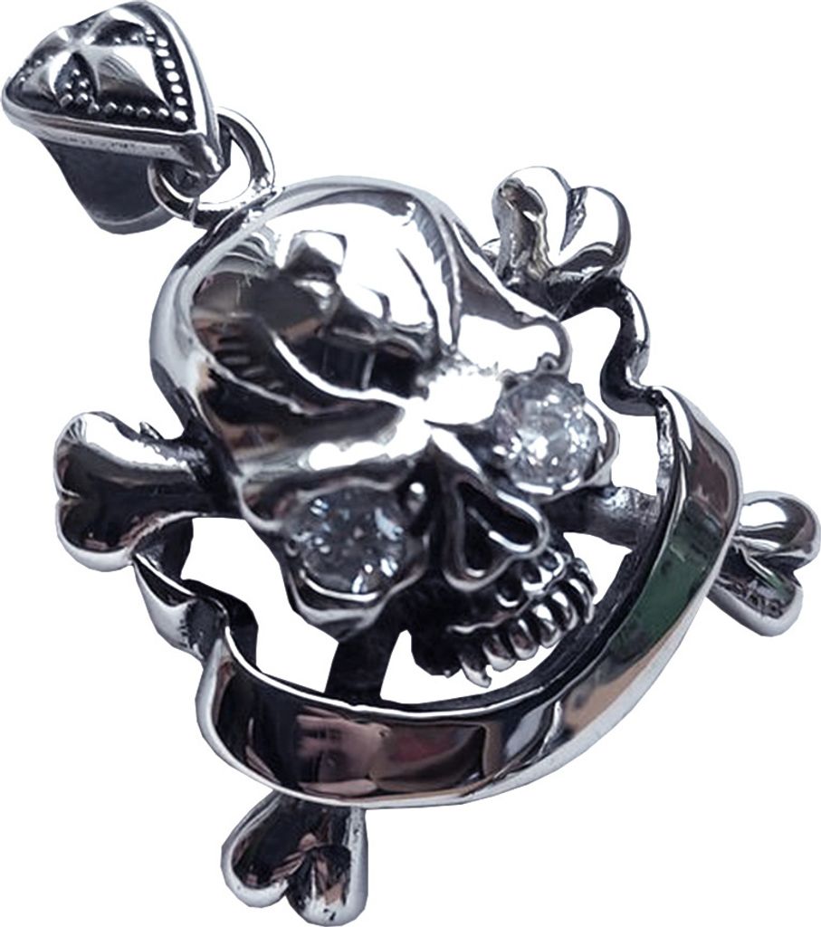 Edelstahl Anhänger Totenkopf mit 2 weißen Steinen