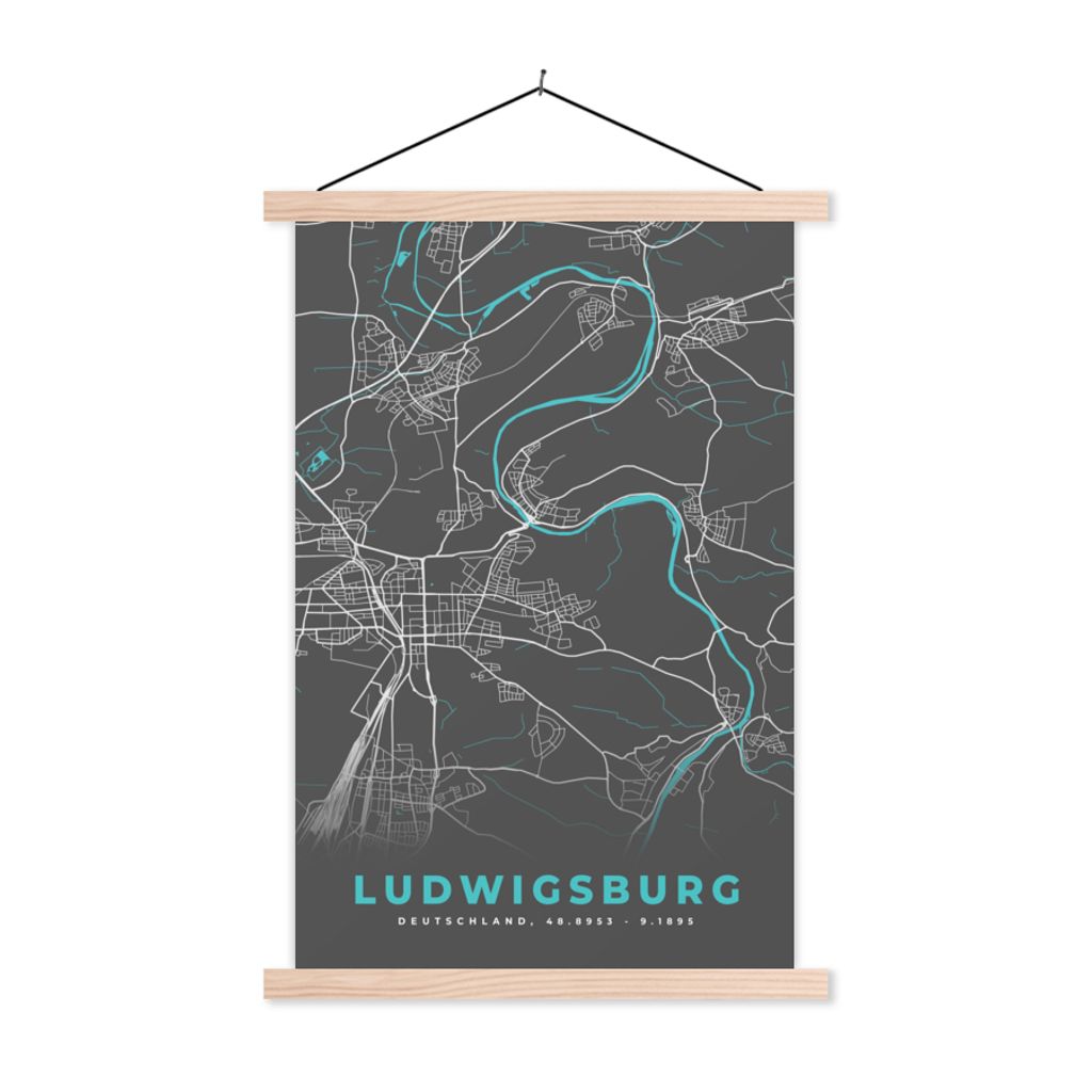 MuchoWow Textilposter Stadtplan - Ludwigsburg - Deutschland - Karte 120x180 cm mit holzfarbenen Rahmen - Textil-Plakat