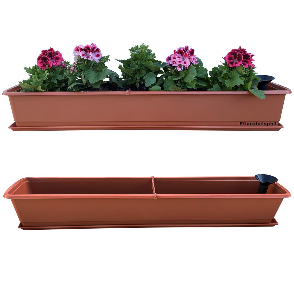 Blumenkasten Balkonkasten Pflanzkasten Terracotta mit Bewässerungssystem und Balkonkasten Untersetzer 100cm