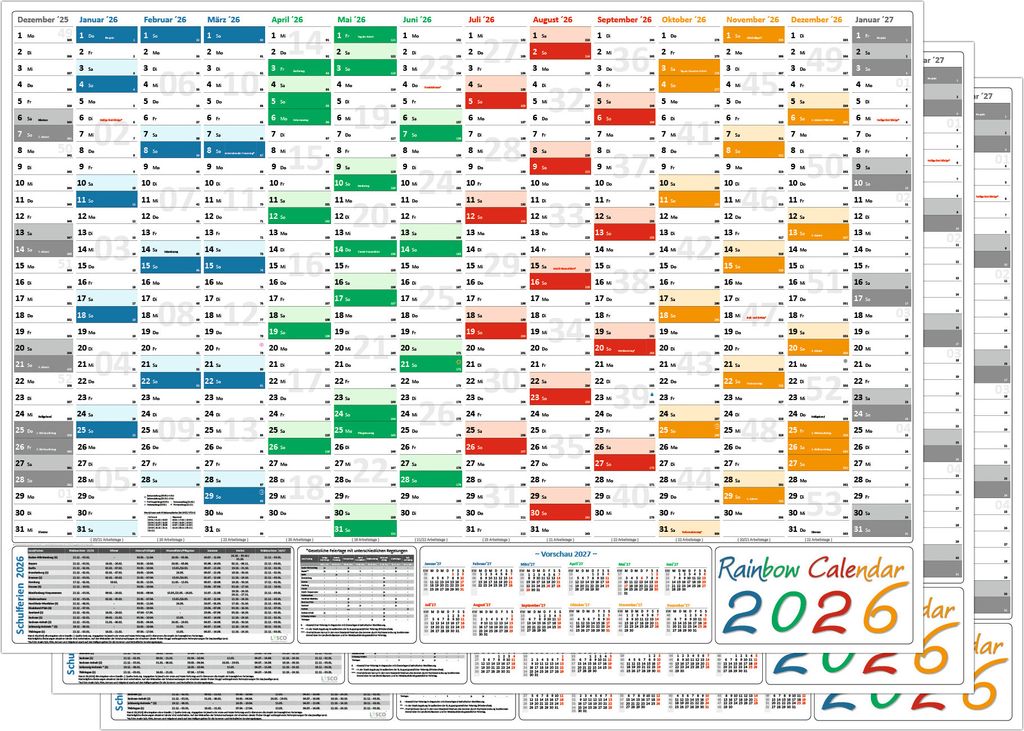 3 Stück Rainbow Wandkalender Wandplaner 2026 (gerollt) DIN A0 Format (841 x 1189 mm) 14 Monate, komplette Jahresvorschau Folgejahr und Ferientermi...