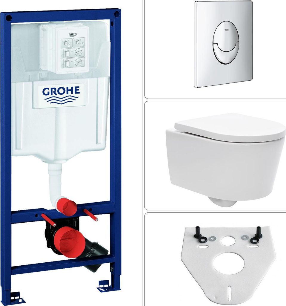FINE Wand WC spülrandlos mit SoftClose WC-Sitz, Schallschutz, Grohe Vorwandelement & Grohe Drückerplatte, chrom
