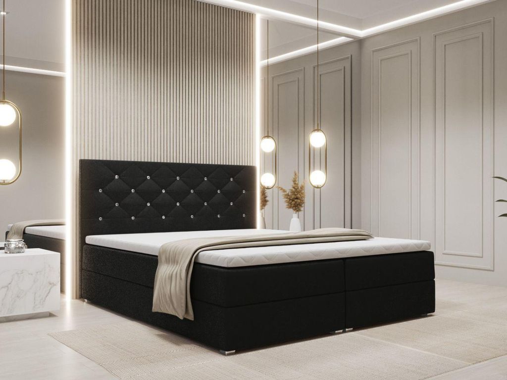 FurniDe24 Boxspringbett Fano 160x200 - Bett mit Matratze und Topper – Kontinentalbett mit Bettkasten und Matratze – Doppelbett Schwarz (Kronos 07)