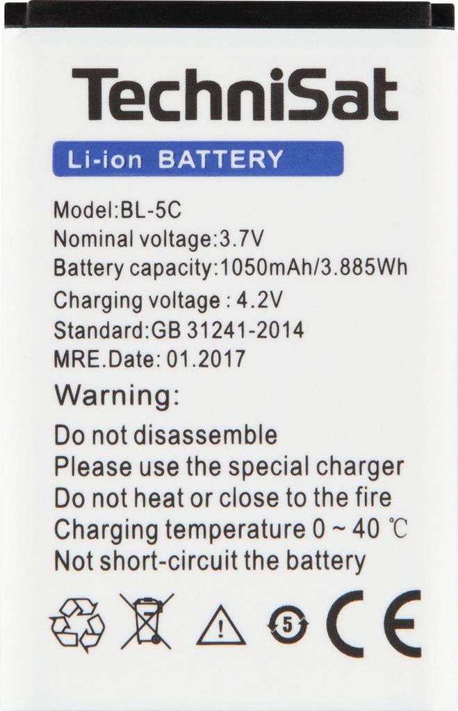 A product label for a TechniSat Li-ion battery.