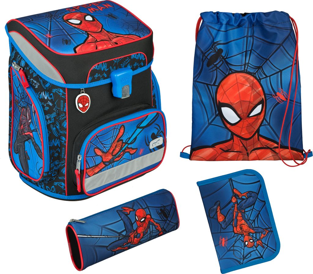 A collage of a 5-piece Spider-Man themed school set, including a backpack, a drawstring bag, and two pencil cases.