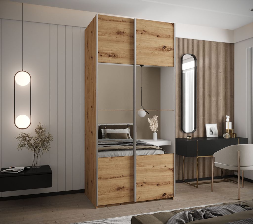 Zweitüriger Kleiderschrank SAMARA 4 - 120 cm, Eiche handwerklich / Silber