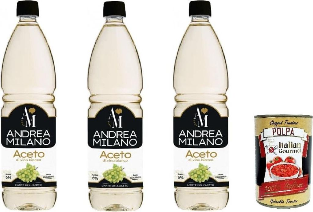 Andrea Milano, Weißweinessig, ideal zum Kombinieren mit rohem Gemüse, hervorragend zum Marinieren und Saucen, ausgeglichener Geschmack, 6% Säure...