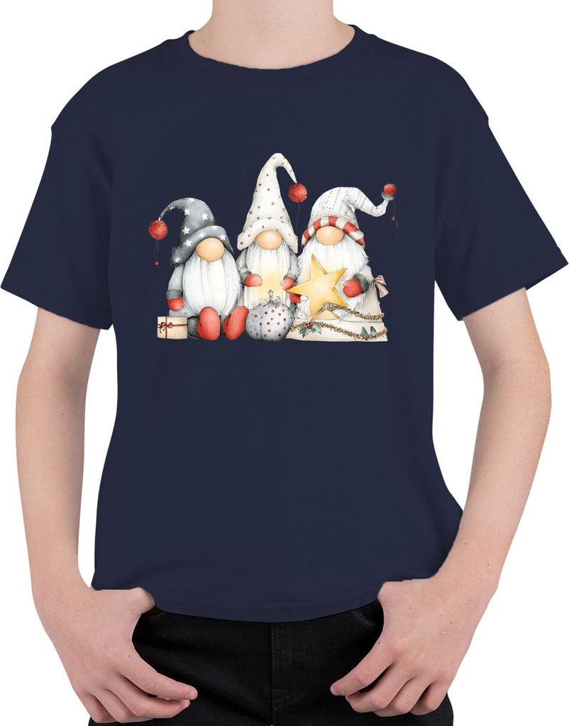 Weihnachtswichtel Trio Stern Geschenk rot grau skandinavisch Cozy Uni Kinder T-Shirt, Navy, 104