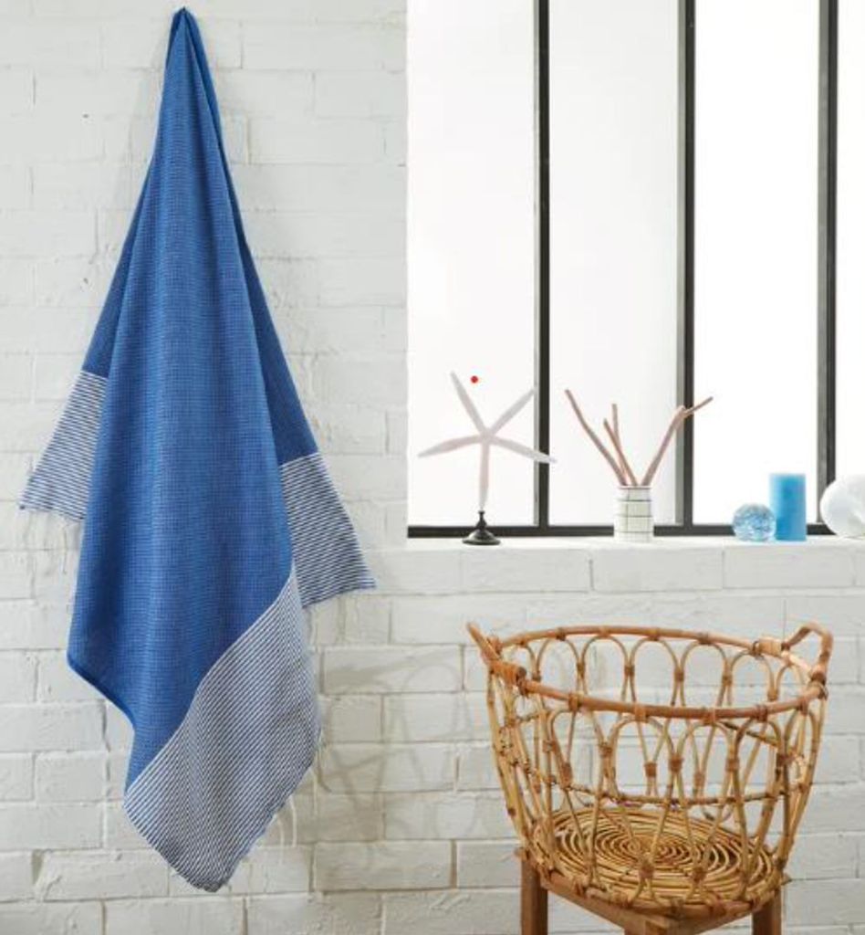 Fouta-Waben-Strandtuch aus blauer Baumwolle 100 x 200 cm