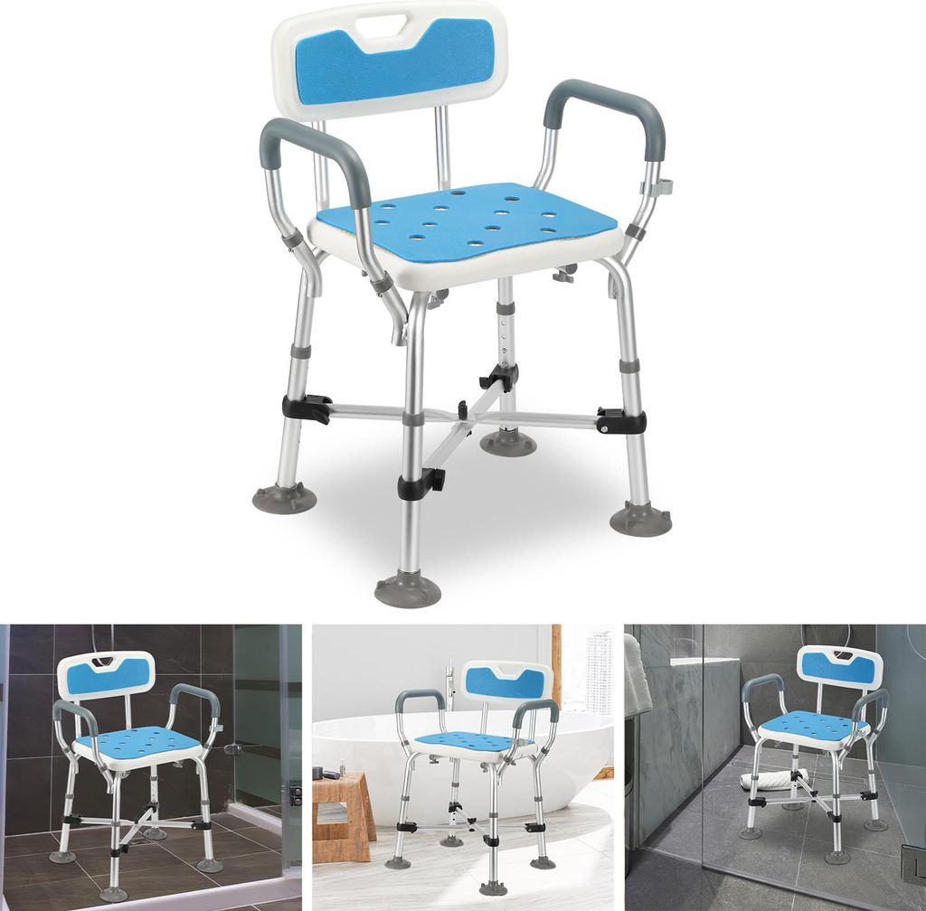 Izrielar Duschstuhl mit Rückenlehne & Armlehne Duschhocker Höhenverstellbar Duschstuhl für senioren mit lehne Kreuzstrebe Badhocker