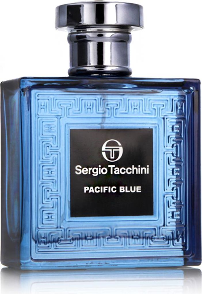 A product shot of a blue glass bottle of Sergio Tacchini Pacific Blue Eau de Toilette for men.