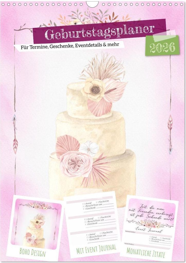 Geburtstagsplaner Boho Rosa - Für Termine, Geschenke, Eventdetails & mehr (Wandkalender 2026 DIN A3 hoch), CALVENDO Monatskalender