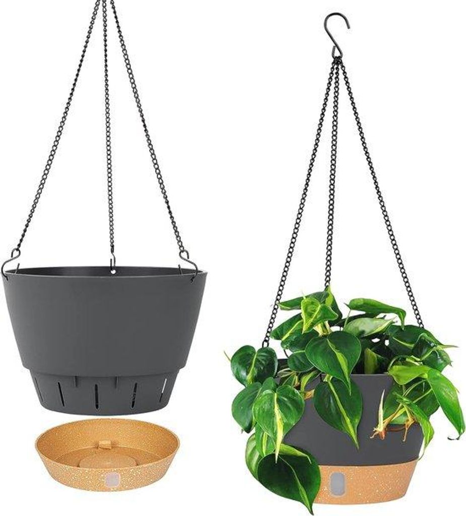 Hängende Pflanzentöpfe, 25,4 cm Innendurchmesser, Hängende Blumenvas mit Abflussloch, 3 Haken für Gartenhaus (grau)
