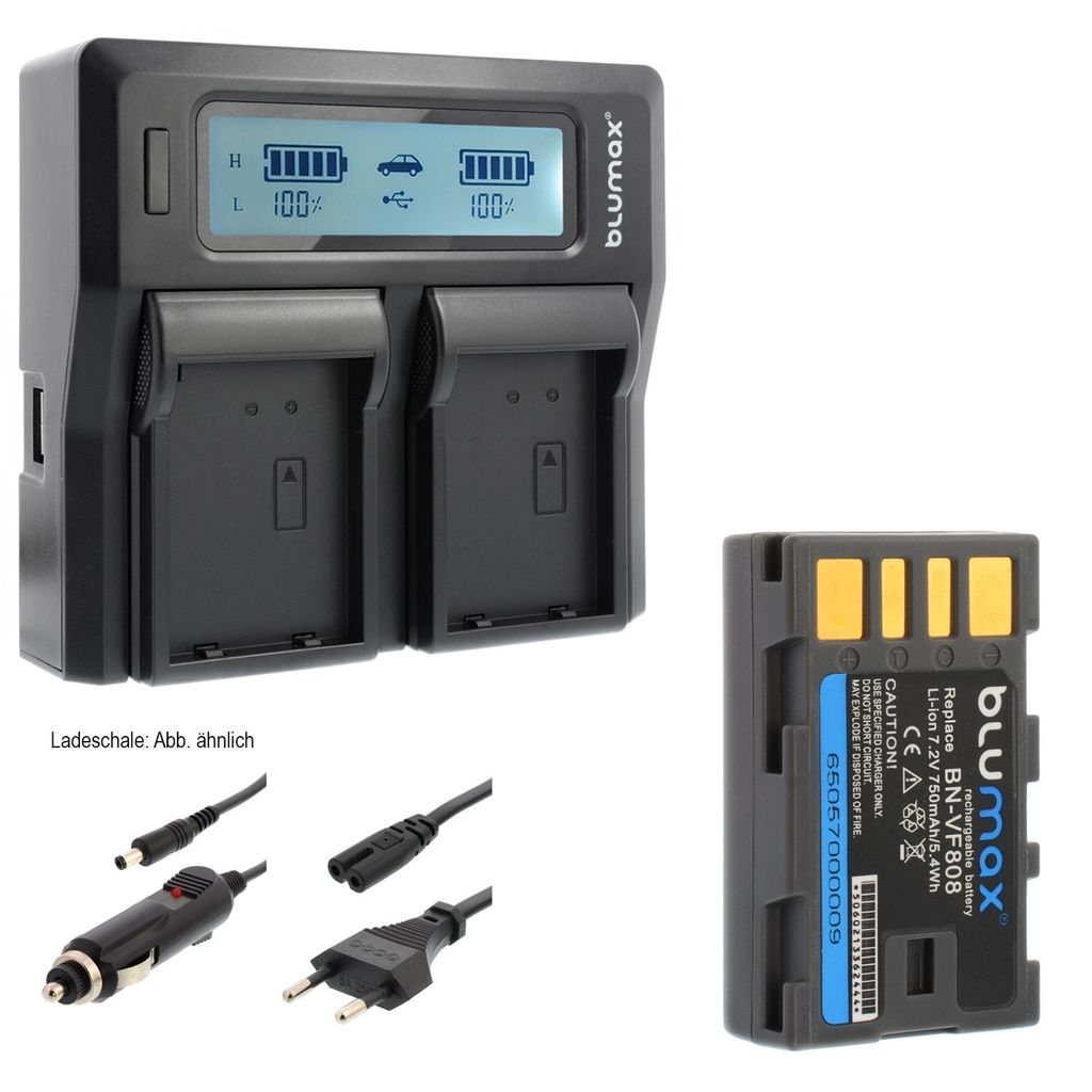 1x Akku + Lader für JVC BN-VF808 -VF808U -VF815U BN-VF823U 750 mAh (7,4V)
