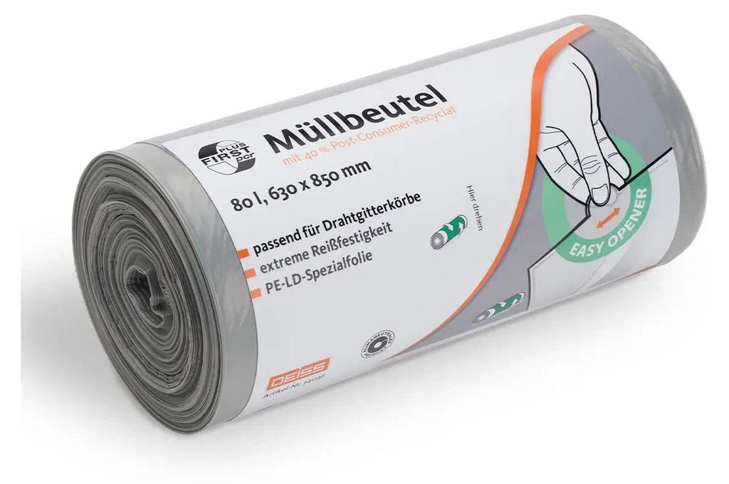 Deiss FIRST PLUS PCR Müllsäcke grau 80 Liter 630 x 850 mm Produktbild 