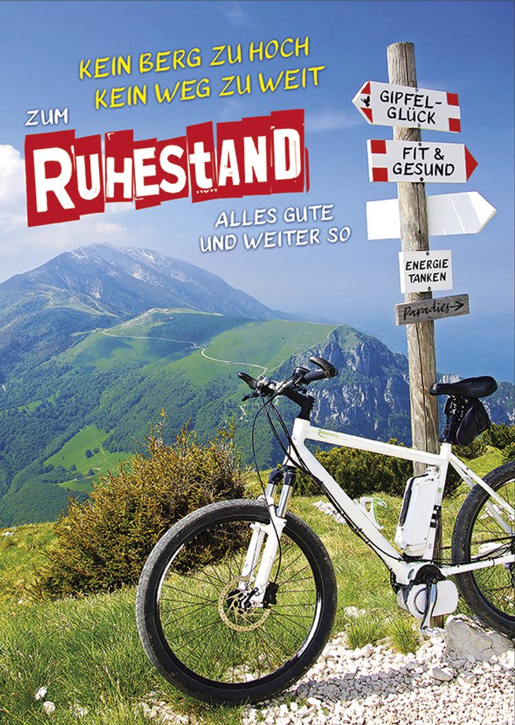 Ruhestand - A4 Karte mit Umschlag – Fahrrad in den Bergen
