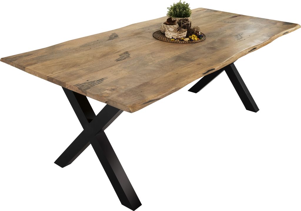Esstisch Baumkante Massiv Mango naturfarben 240 x 100 schwarz X-Gestell Tiger