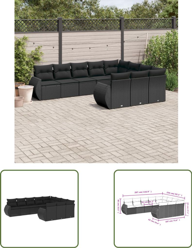 The Living Store 10-tlg. Garten-Sofagarnitur mit Kissen Schwarz Poly Rattan