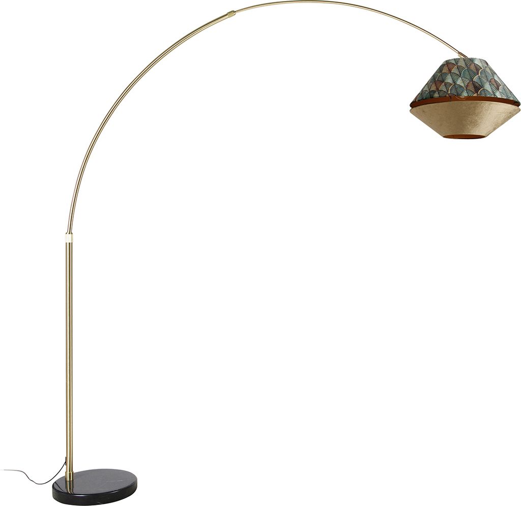 Bogenlampe aus Messing mit Doppeltem Samtschirm Blattdesign und Beige XXL