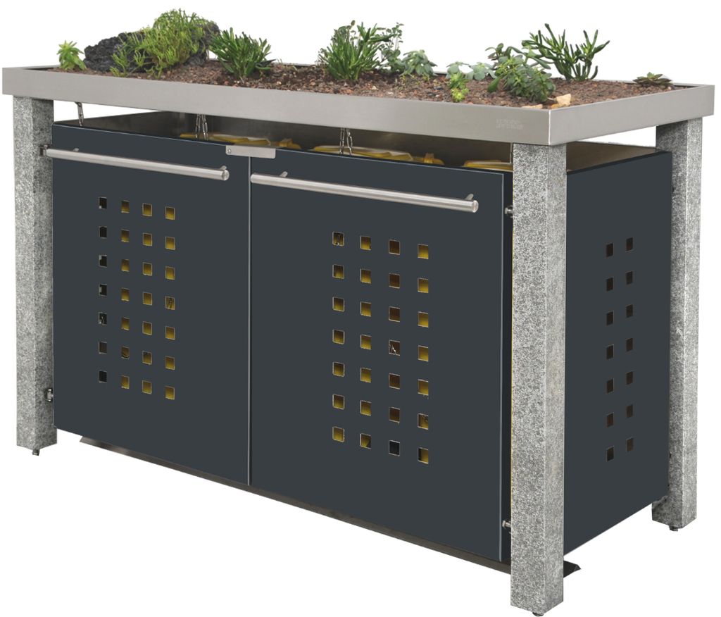 reinkeDESIGN | Tonnenhaus 3x120L | Typ_N | zum Begrünen, Steinpfosten, Seiten & Türen in Anthrazit | für Privat-Häuser, Bavaria