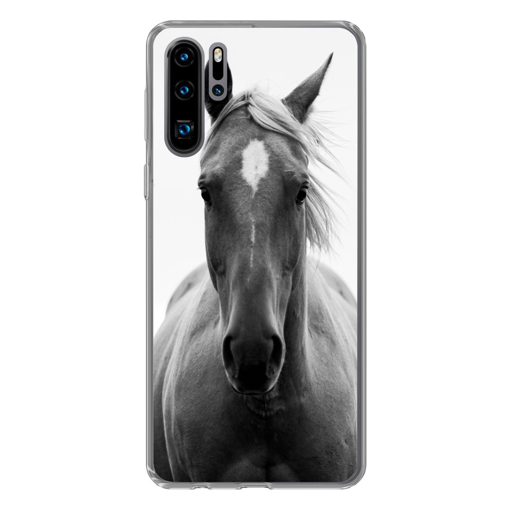 MuchoWow Handyhülle Schutzhülle Hülle für Huawei P30 Pro Pferd - Tier - Schwarz - Weiß Silikon Softcase Handy Hülle - Schutzdeckel