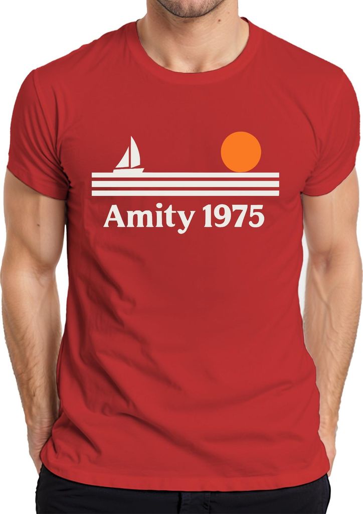 Amity 1975 Segelboot Sonnenuntergang Retro Maritim Strand Insel Herren T-Shirt, Rot, 3XL