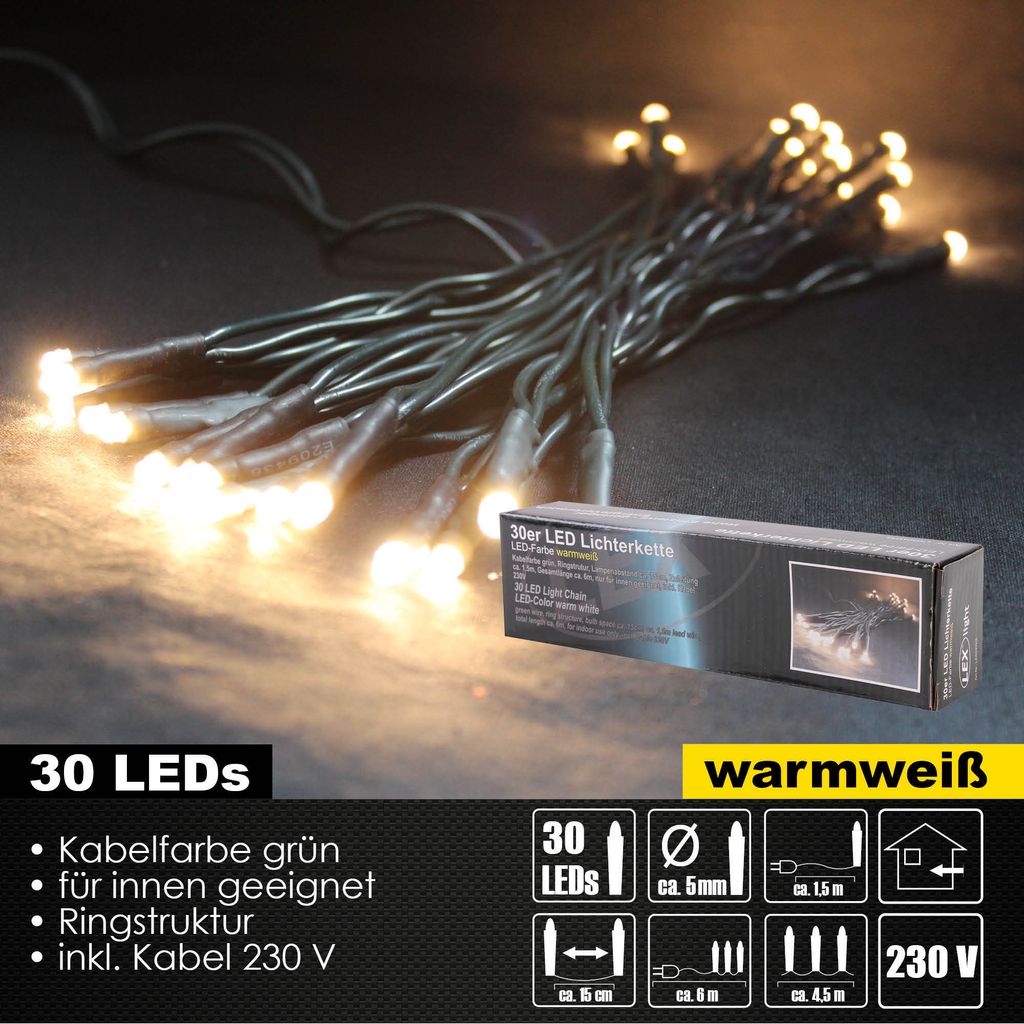 30er LED Lichterkette grünes Kabel Innen Partylichterkette Beleuchtung warmweiß