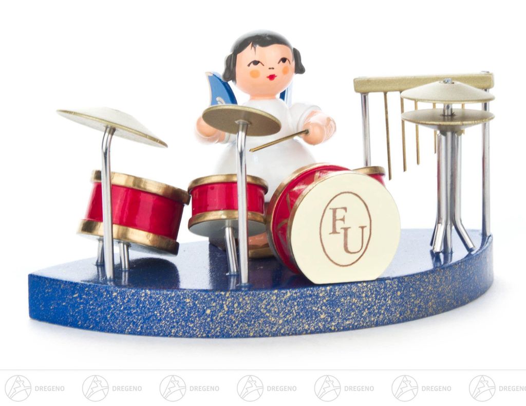 Engel am Schlagzeug passend zu Wolkenstecksystem - Blaue Flügel - stehend (6cm) von Kunstgewerbe Uhlig