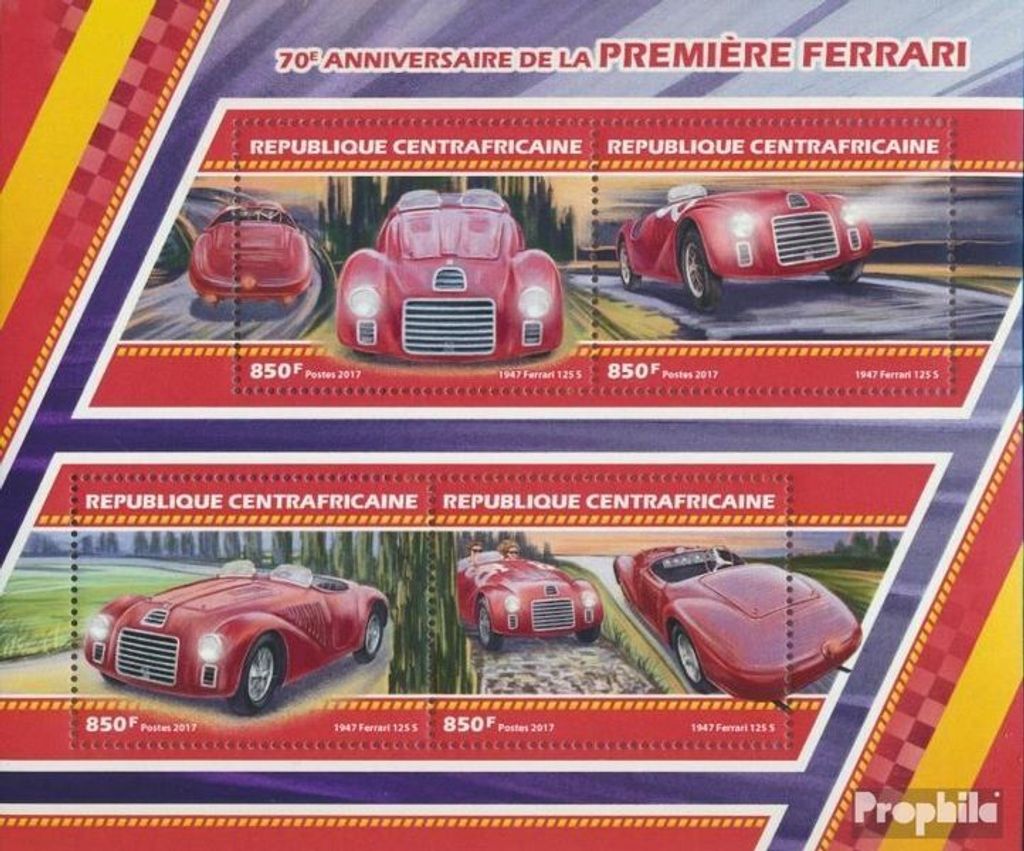 Briefmarken Zentralafrikanische Republik 2017 Mi 6925-6928 Kleinbogen (kompl. Ausgabe) postfrisch Ferrari-Auto