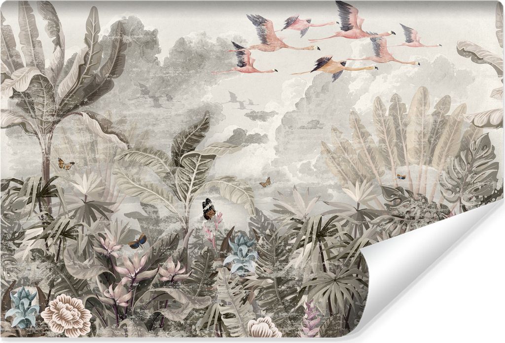 Muralo Selbstklebende Fototapete tropische PFLANZEN Flamingos Retro Stil Br. 90cm x Hö. 60cm