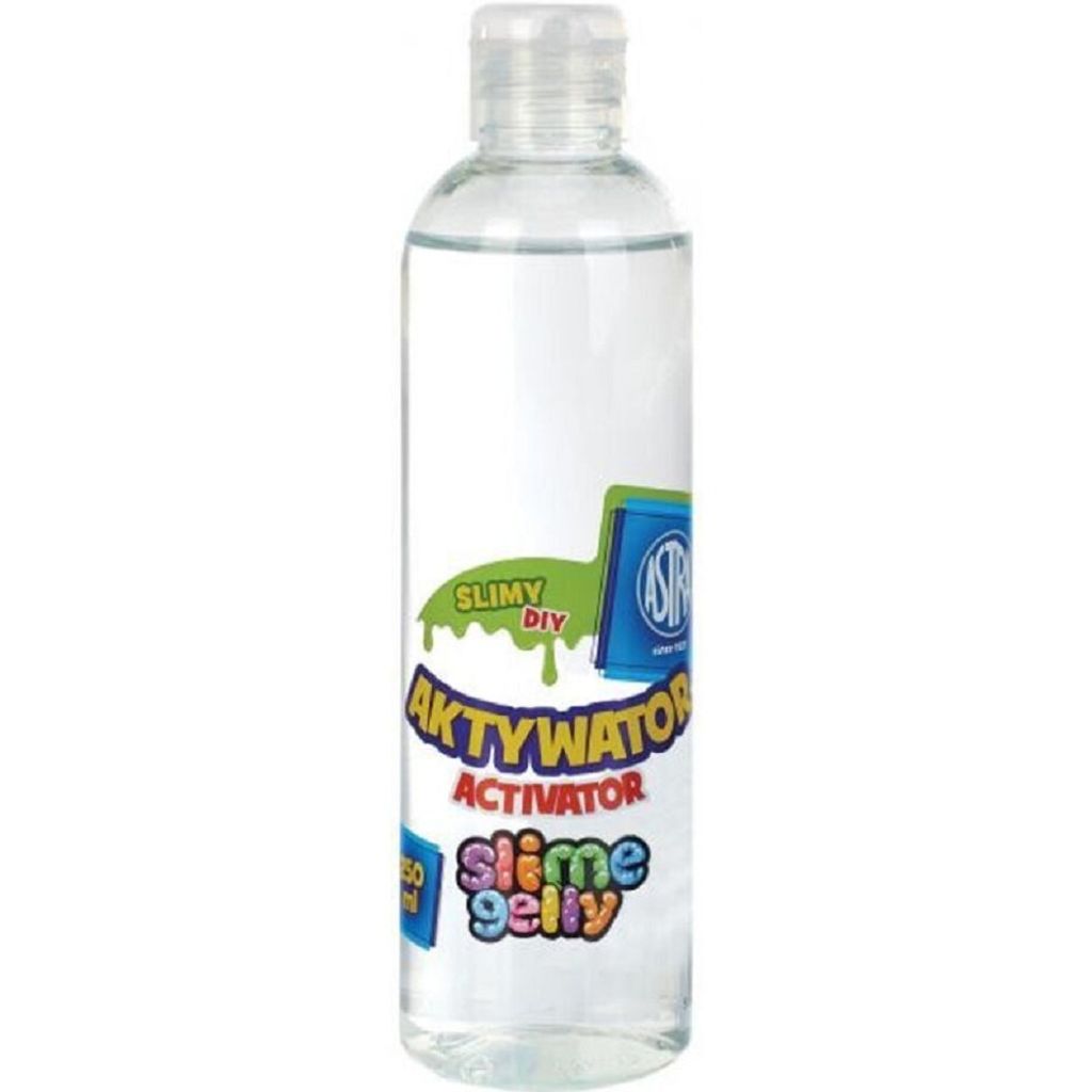 A clear plastic bottle containing a clear liquid, with a colorful label.