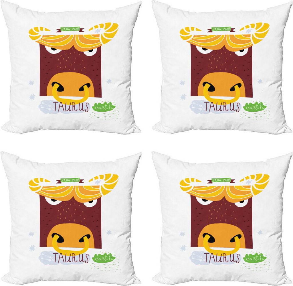 ABAKUHAUS Sternzeichen Stier Kissenbezug Set (4 Stück), Wütend Bull Gesicht, Moderner Doppelseitiger Digitaldruck, 40 cm x 40 cm, Mehrfarbig